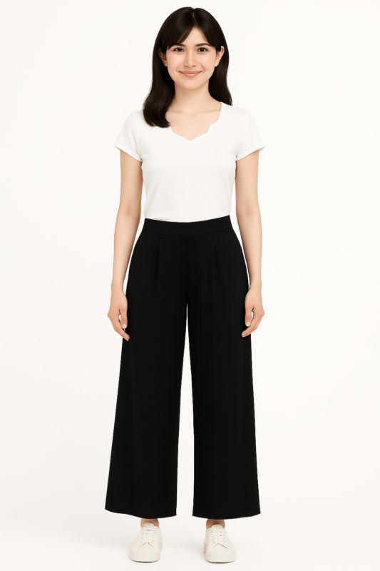 Pantalón palazzo elegante negro con pretina ancha y tela tipo gasa gruesa.