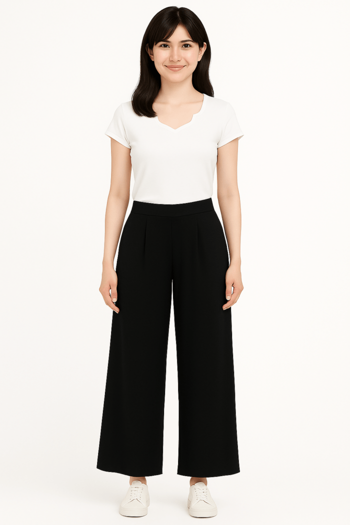 Pantalón palazzo elegante negro con pretina ancha y tela tipo gasa gruesa.