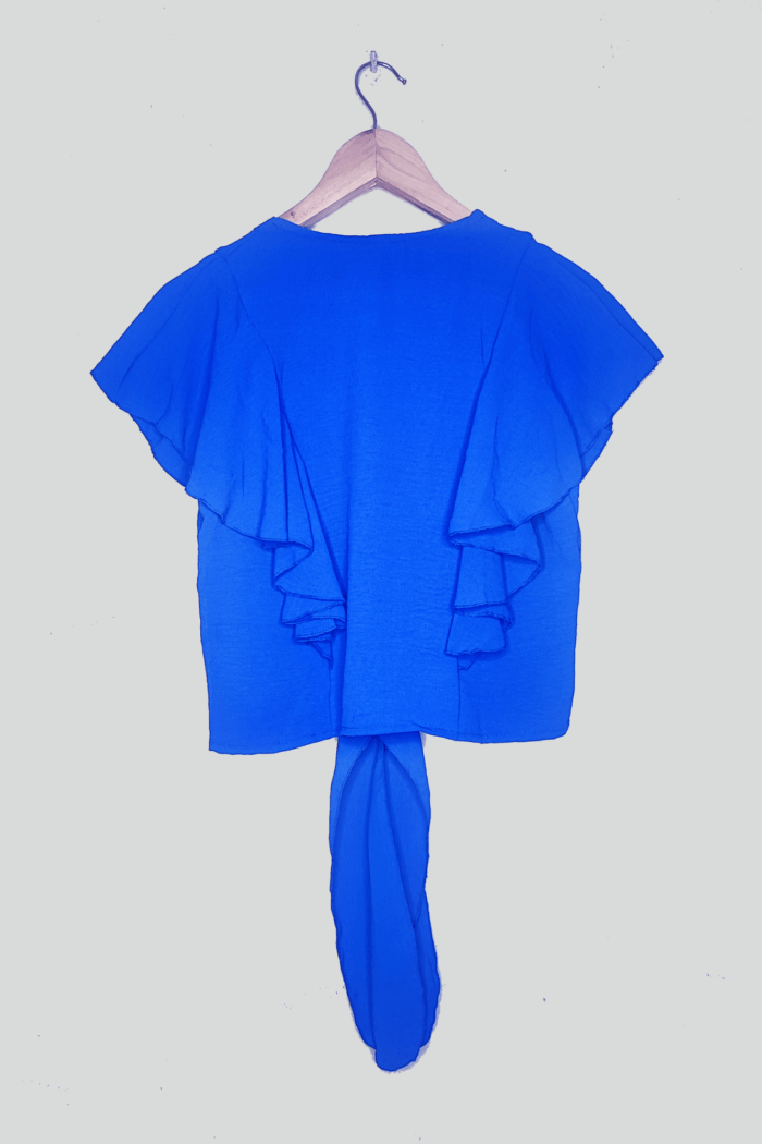 Blusa con volados y lazo ajustable en la cintura, diseño fresco y romántico color azul