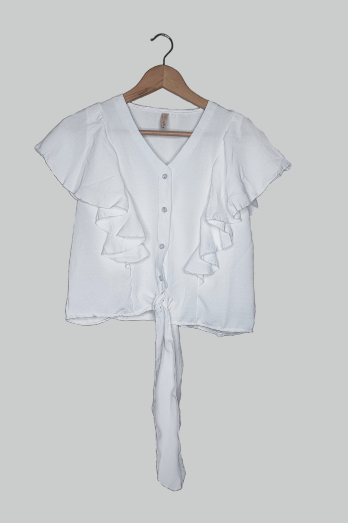 Blusa con volados y lazo ajustable en la cintura, diseño fresco y romántico color blanco