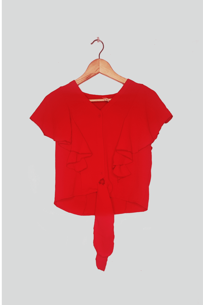 Blusa con volados y lazo ajustable en la cintura, diseño fresco y romántico color rojo