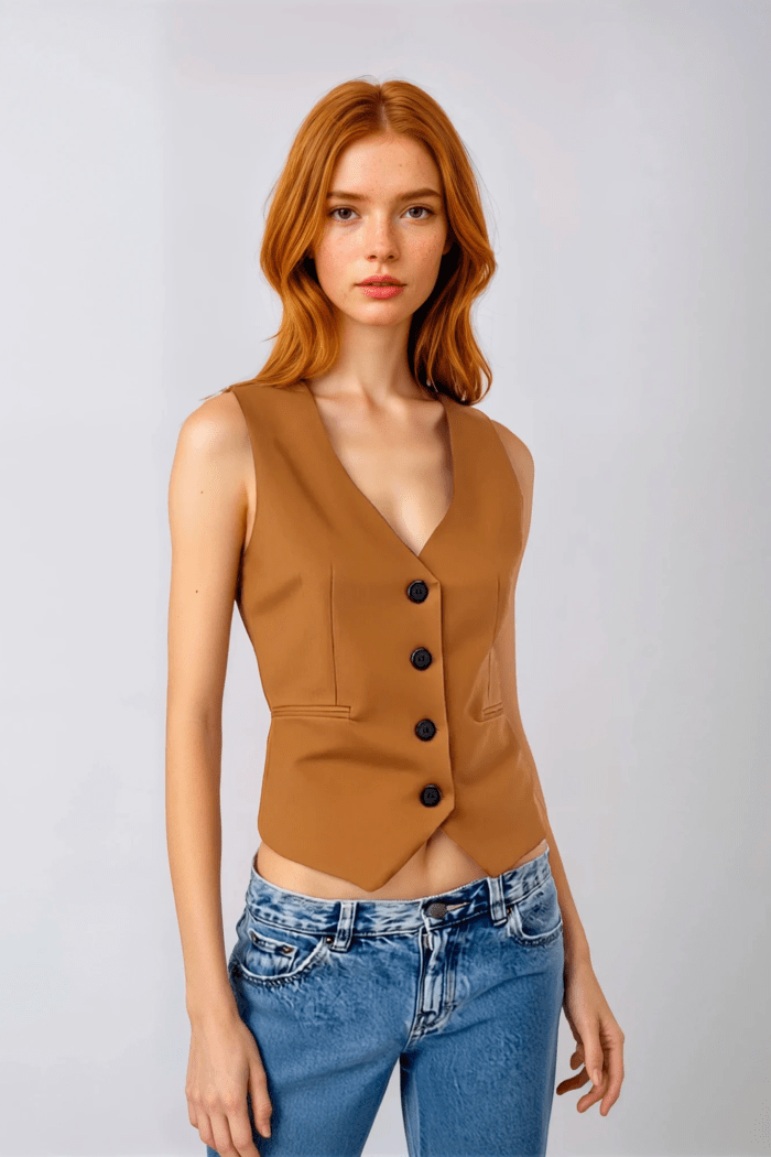 Chaleco camel para mujer con corte entallado y botones negros.