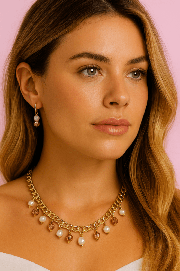 collar de muranos rosados y perlas