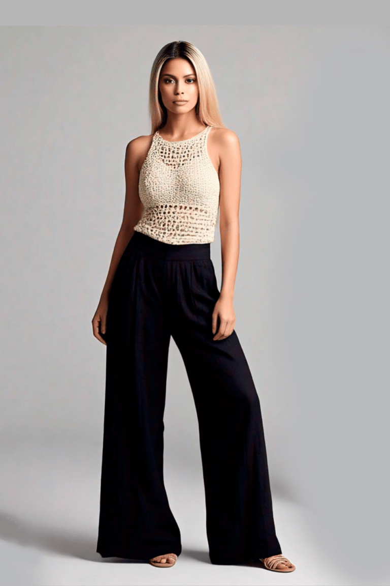 Pantalón palazzo de lino negro con pliegues y pretina elástica para mujer.
