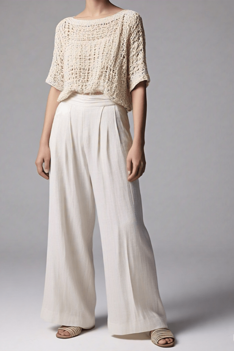 Pantalón palazzo blanco perla de lino con pretina elástica y bolsillos.