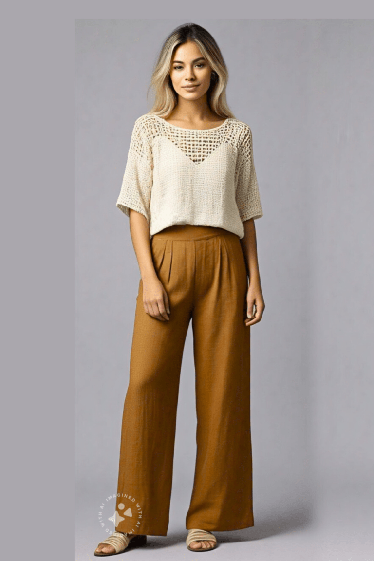 Pantalón palazzo de lino camel con cintura elástica y bolsillos laterales para mujer.