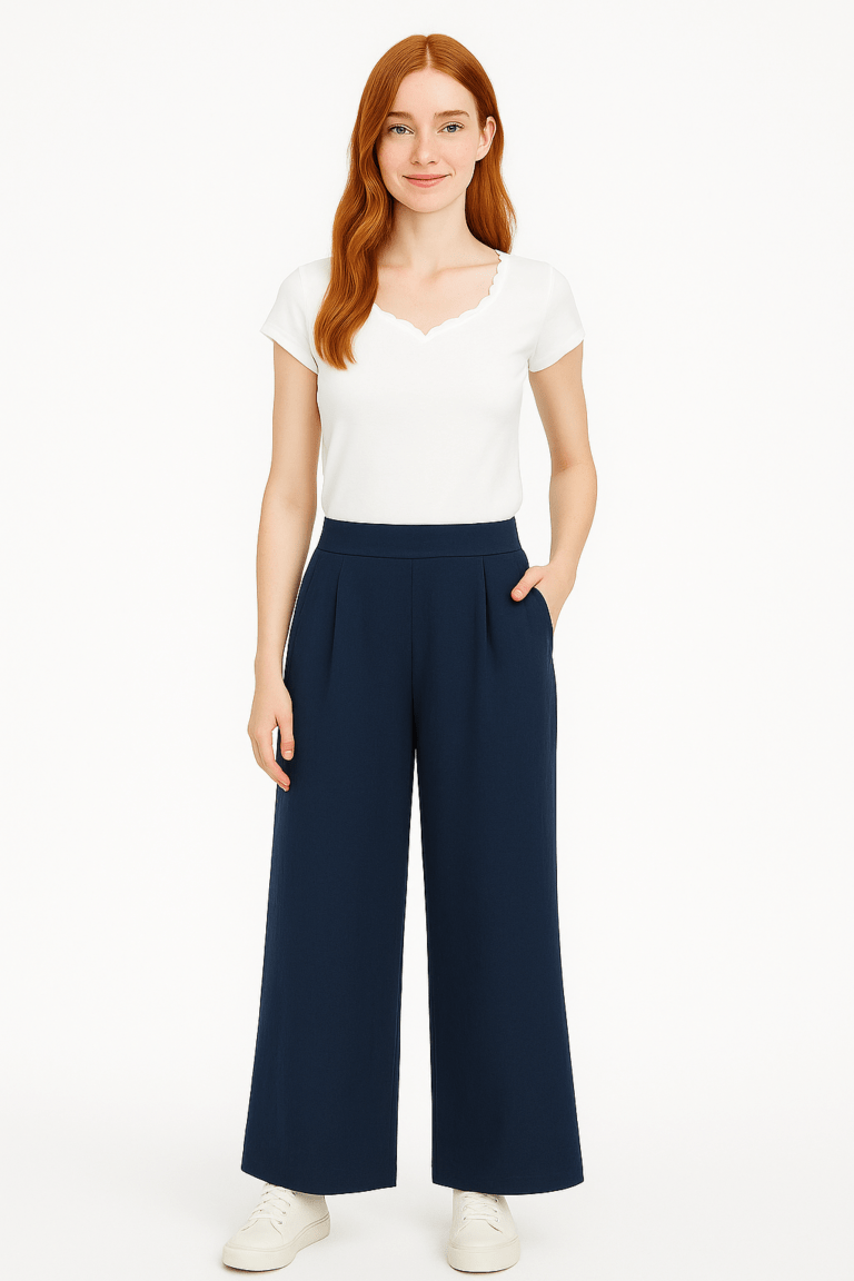 Pantalón palazzo elegante azul oscuro con tela tipo gasa gruesa y bolsillos laterales.