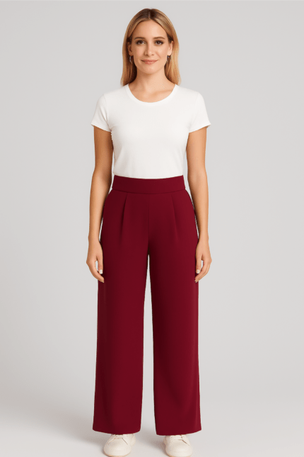 Pantalón palazzo borgoña de tela Viena con pretina ancha
