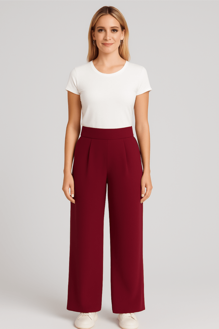 Pantalón palazzo borgoña de tela Viena con pretina ancha