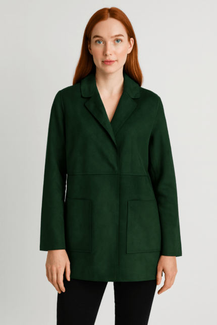 Saco verde piel de durazno con solapa y bolsillos
